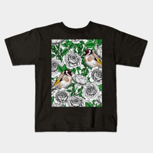 White Rose flowers and goldfinch birds Kids T-Shirt